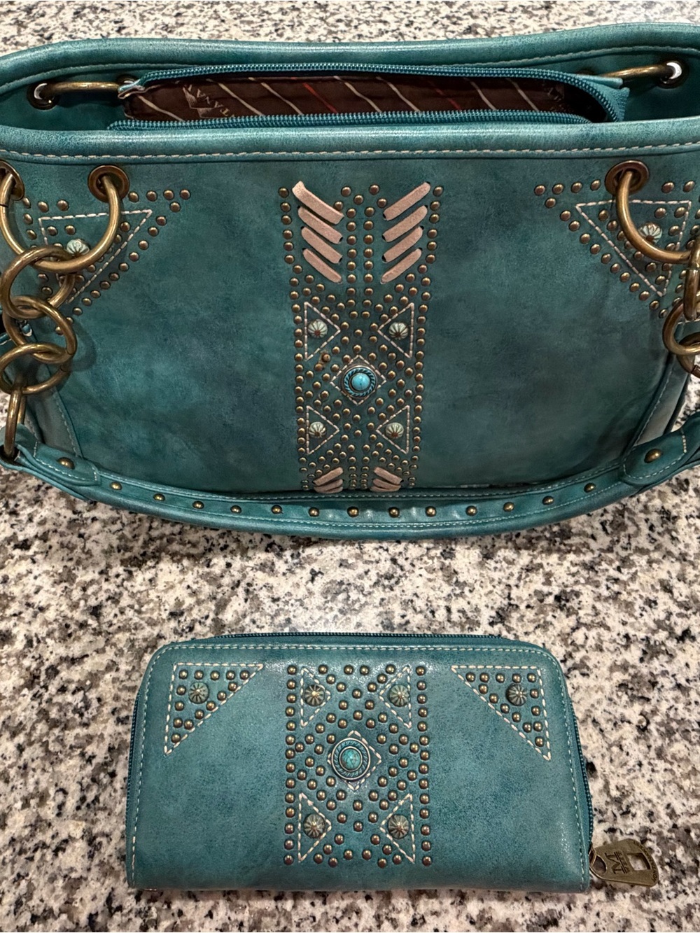Montana West Teal Stud-Detail Women's Tote and Wallet Set
